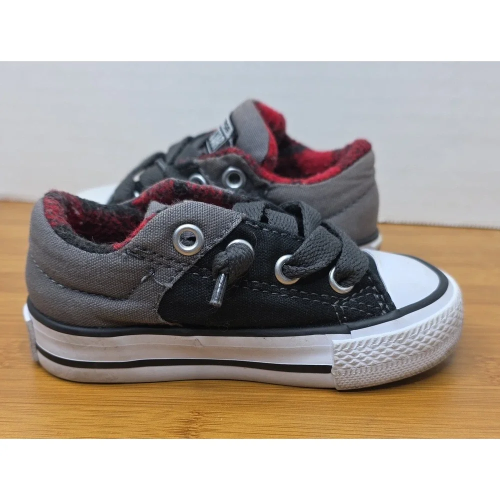 Converse All Star Low Top Toddler Shoes Black Gray Red Check Lining Size 4